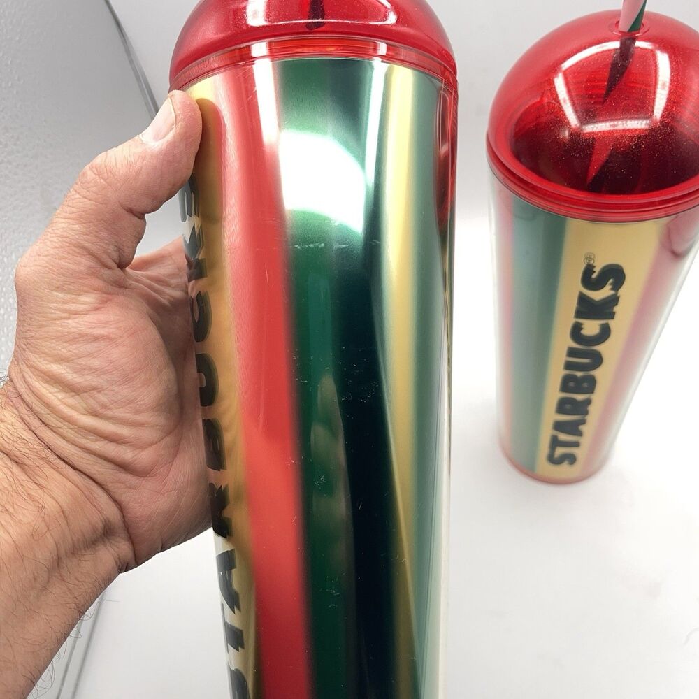 Starbucks 2024 Metallic Red, Green & Gold Stripe Cold Cup - Set Of 2 - Picture 7 of 16